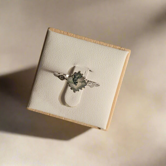 Moss Agate Square-Cut Ring – Sterling Silver & Marquise Accent Stones