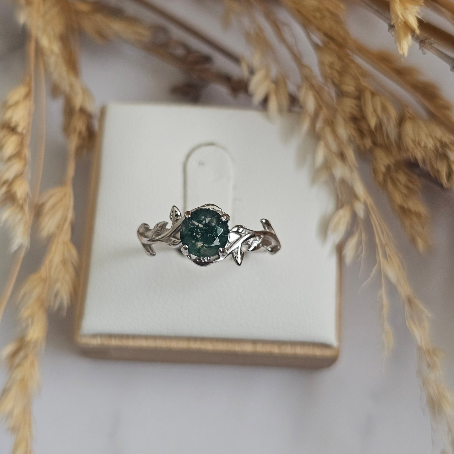 Moss Agate Leaf Ring