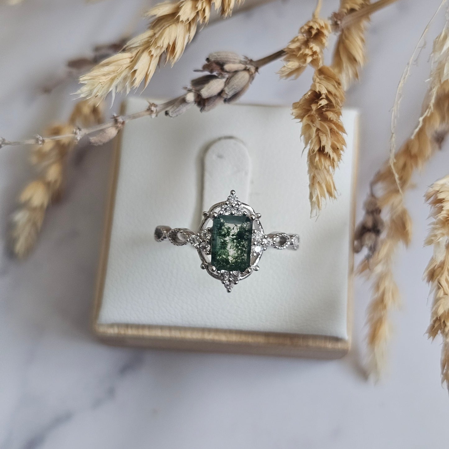 The Forest Crown - Emerald cut Regal Style Moss Agate Ring