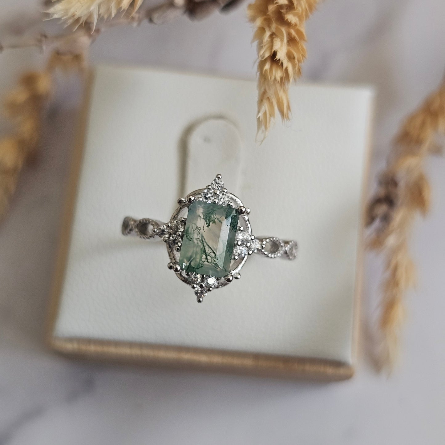The Forest Crown - Emerald cut Regal Style Moss Agate Ring