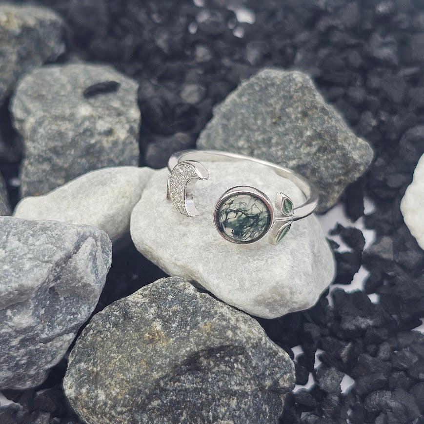 Little Forest Ring – Moss Agate & Moon in Sterling Silver (Pre- Order Only)