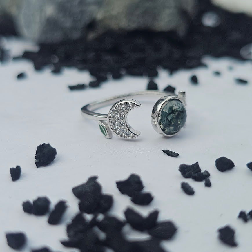 Little Forest Ring – Moss Agate & Moon in Sterling Silver (Pre- Order Only)