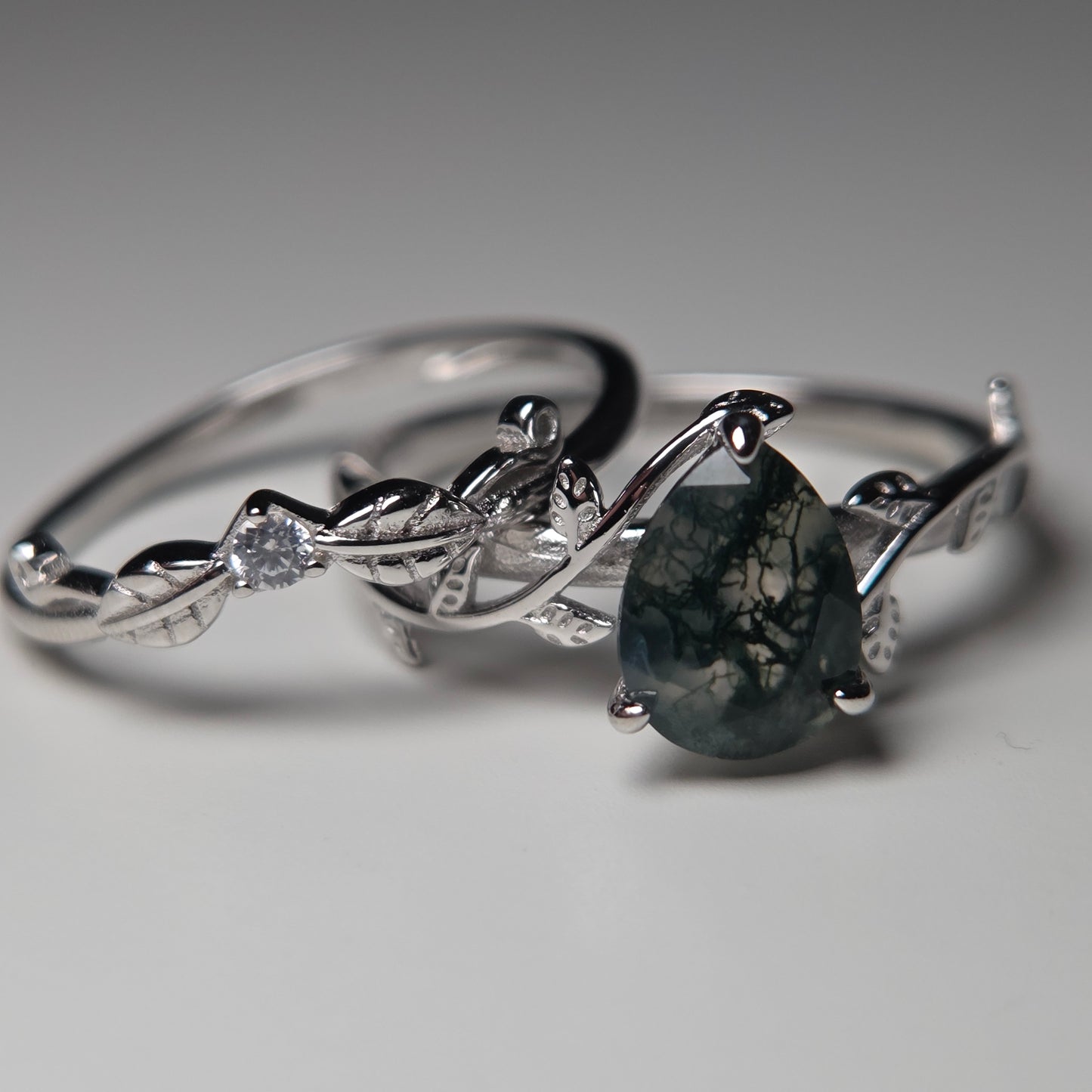 Moss Agate Promise Ring Set - Natural Moss agate Stone with Cubic Zirconia set in 925 silver