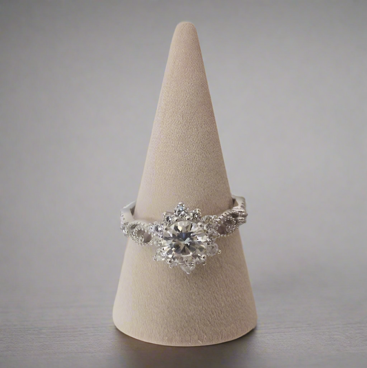 The Winter Bloom – Moissanite & 18k Gold-Plated Sterling Silver Ring with Floral Halo Design