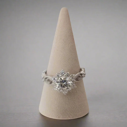 The Winter Bloom – 1ct Moissanite & 18k White Gold-Plated Sterling Silver Ring with Floral Halo Design Moonstone & Sage