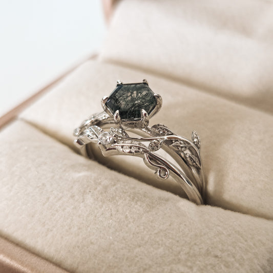 Moss Agate Bridal Set | Engagement & Wedding Ring Set | 925 Sterling Silver Moonstone&Sage