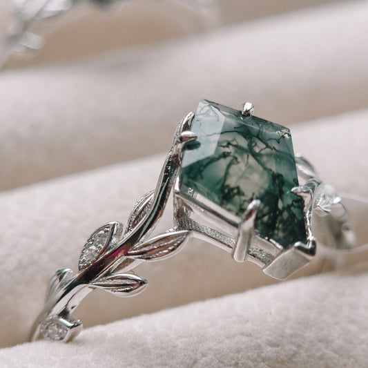 Moss Agate Olive Grove Leaf Ring | Platinum Plated | 925 Sterling Silver Moonstone&Sage