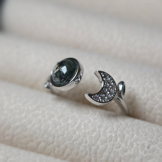 Little Forest Moon Adjustable Ring | Moss Agate 925 Sterling Silver
