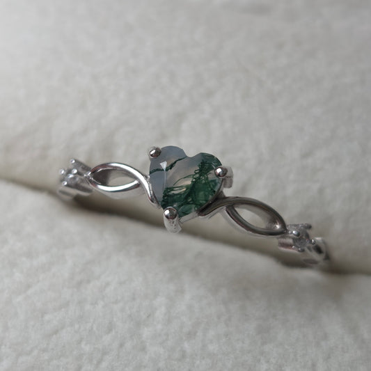 Evergreen Heart Natural Moss Agate Ring | 925 Sterling Silver Moonstone&Sage