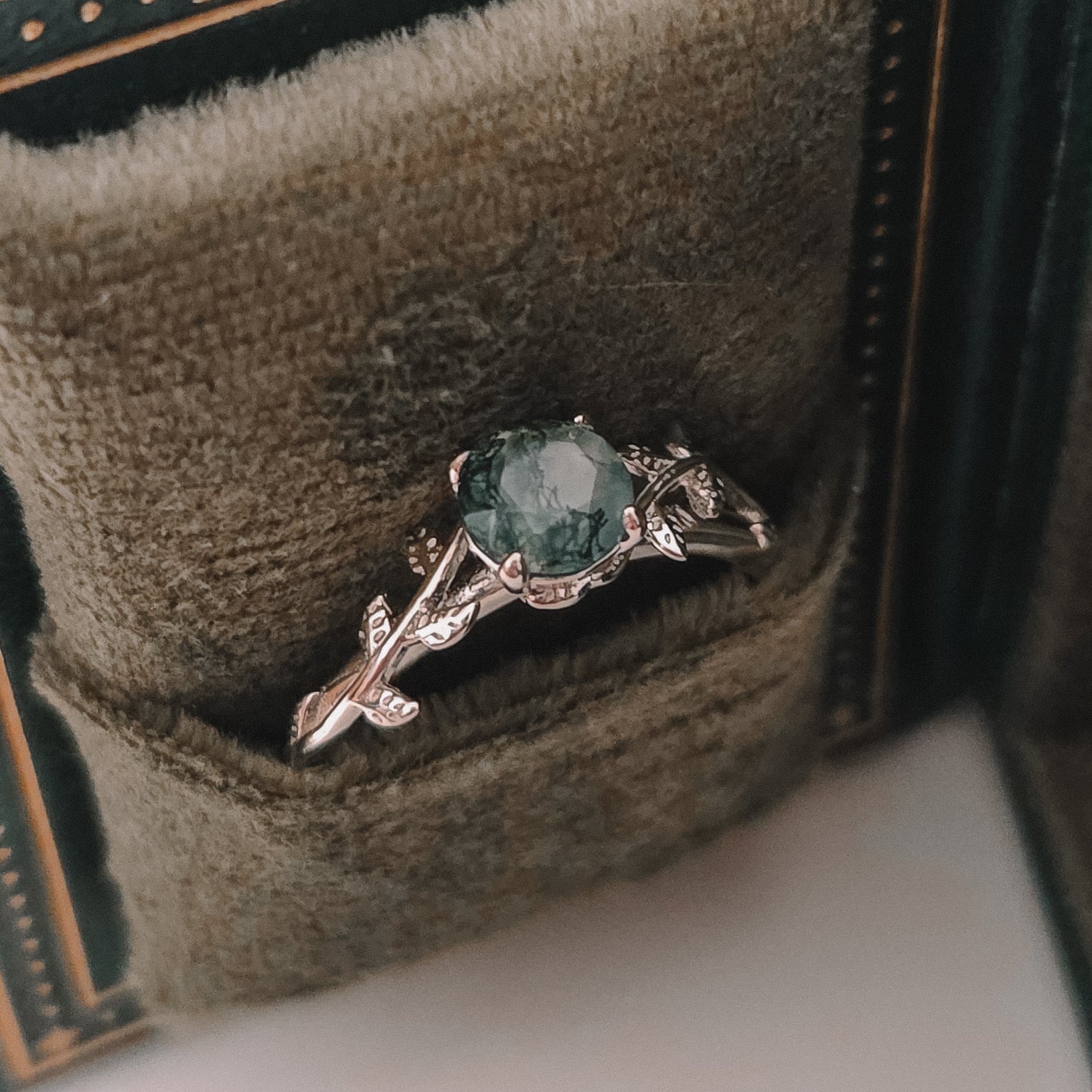 Moss Agate Leaf Ring | Forest Inspired | 925 Sterling Silver Moonstone&Sage