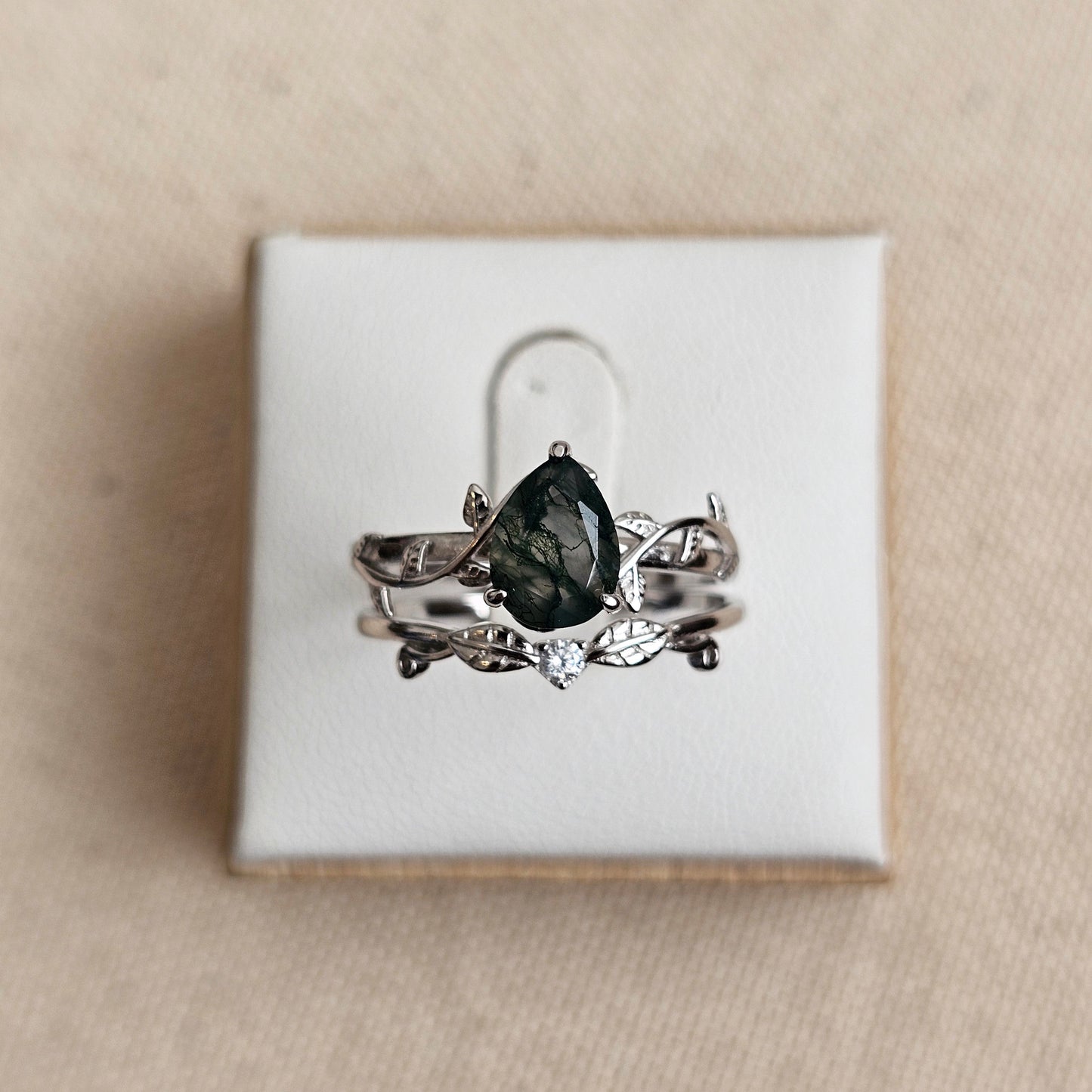 Moss Agate Promise Ring Set - Natural Moss agate Stone with Cubic Zirconia And Delicate Leaf Detail
