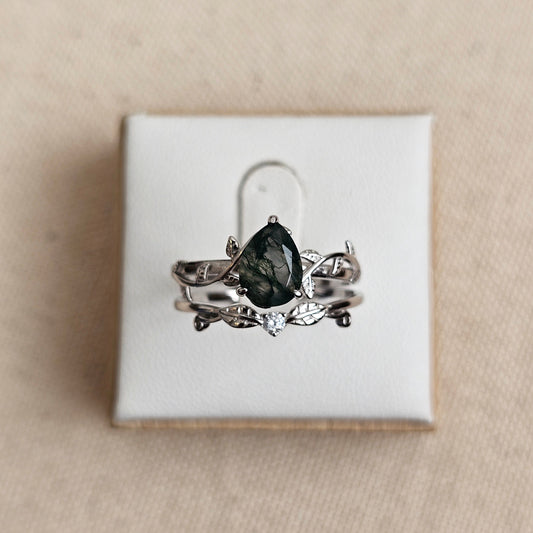 Moss Agate Promise Ring Set - Natural Moss agate Stone with Cubic Zirconia And Delicate Leaf Detail