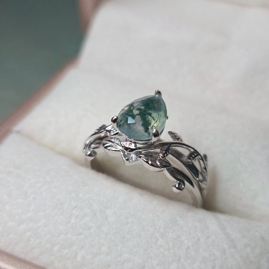 Moss Agate Promise Ring Set | Natural Moss agate Stone | Cubic Zirconia | 925 silver Moonstone&Sage