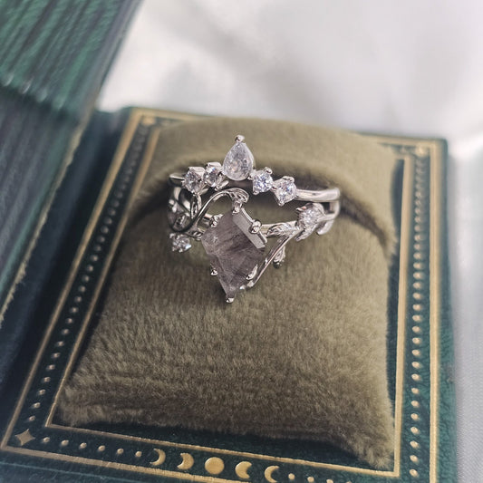 Herkimer Diamond Quartz Natural Stone 925 silver rhodium plated ring set