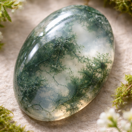 Natural moss agate gemstone with translucent base and green moss-like inclusions, photographed close-up.