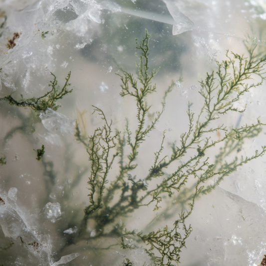 Close-up of moss agate showing natural green moss-like mineral inclusions