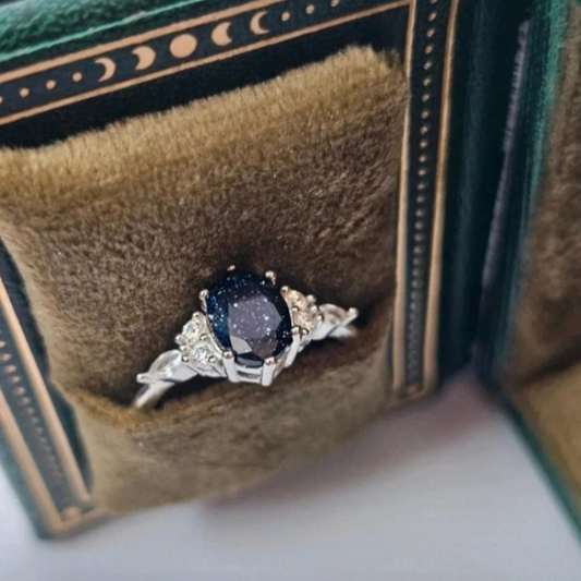 Blue Sandstone Celestial Ring 925 Silver iWith Zirconia Accent Stones In A Fairy tale Style Green Book Box