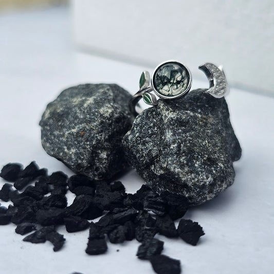 Little Forest Ring – Moss Agate & Moon in Sterling Silver (Pre- Order Only)