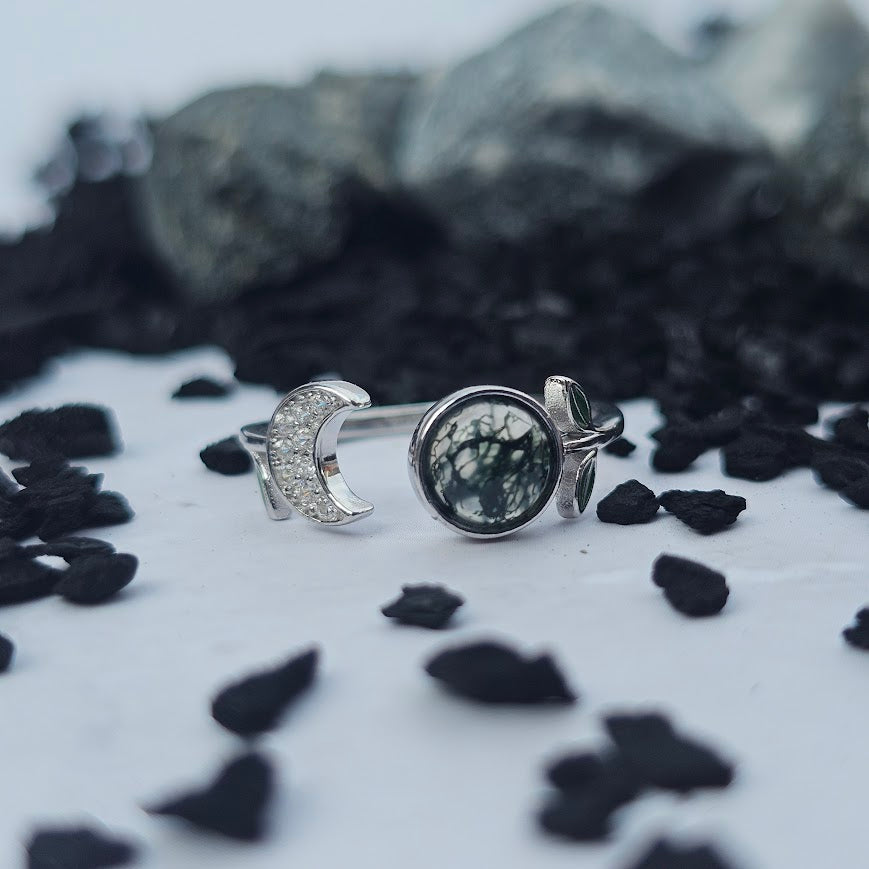 Little Forest Ring – Moss Agate & Moon in Sterling Silver (Pre- Order Only)