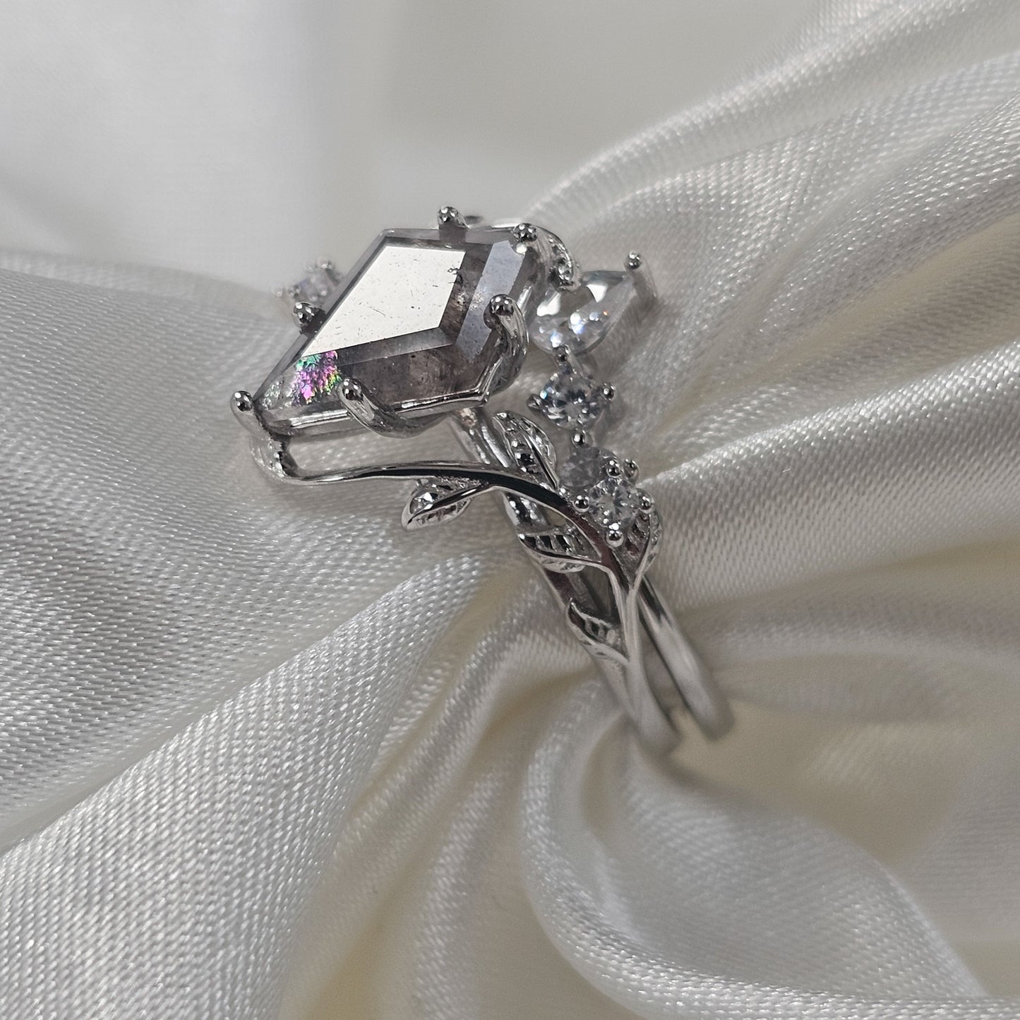 salt and pepper Herkimer diamond quartz ring set 925 silver with cubic zirconia accent stones 