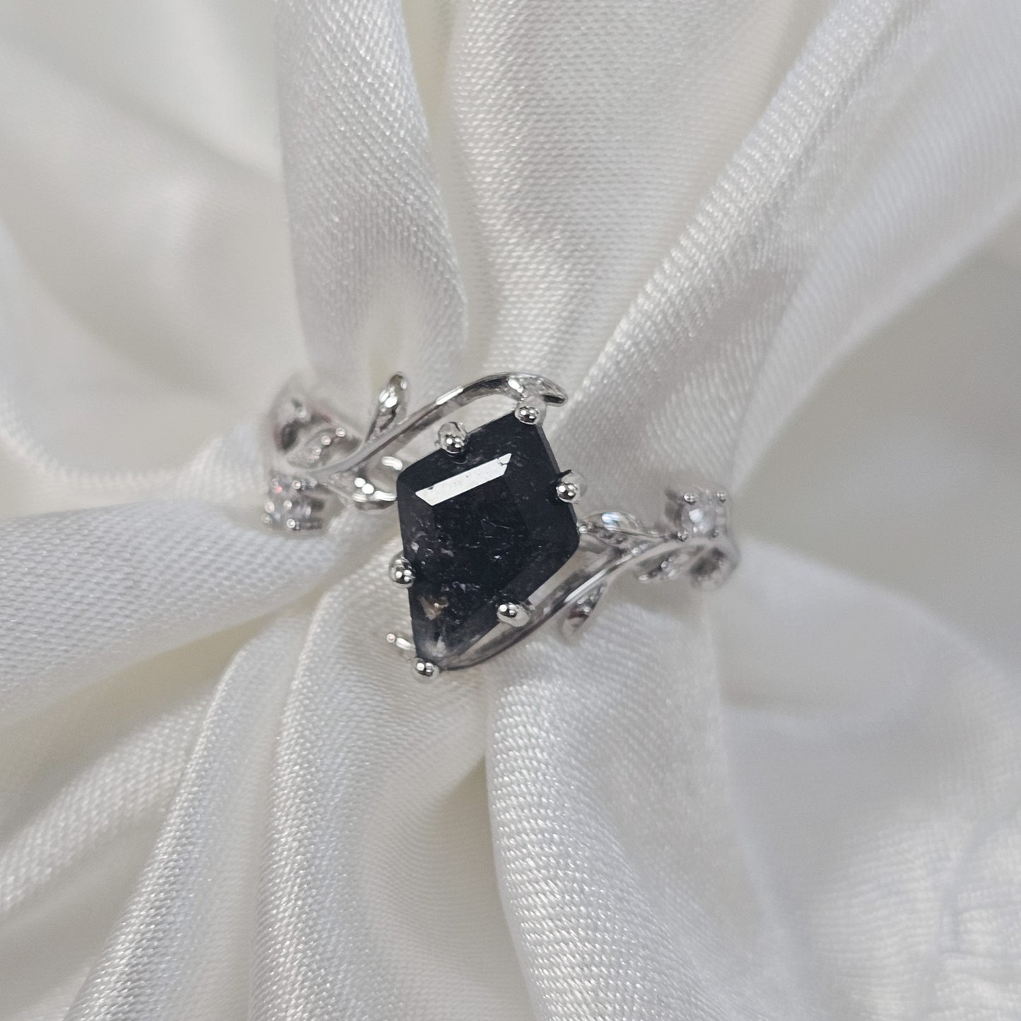 salt and pepper Herkimer diamond quartz ring set 925 silver with cubic zirconia accent stones