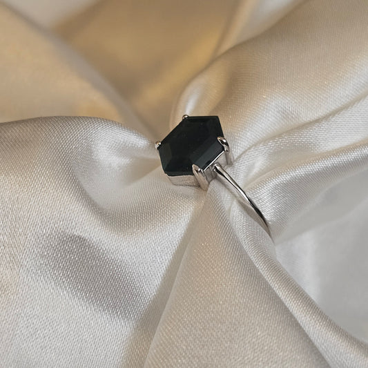 Natural Moss Agate Hexagon-Cut Ring 925 Silver