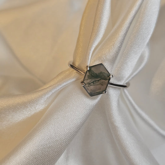 Natural Moss Agate Hexagon-Cut Ring 925 Silver