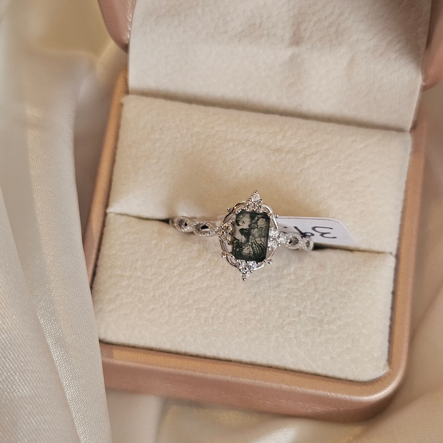 Enchanted Forest Moss Agate Ring – Natural Moss Agate in 925 Sterling Silver with Cubic Zirconia