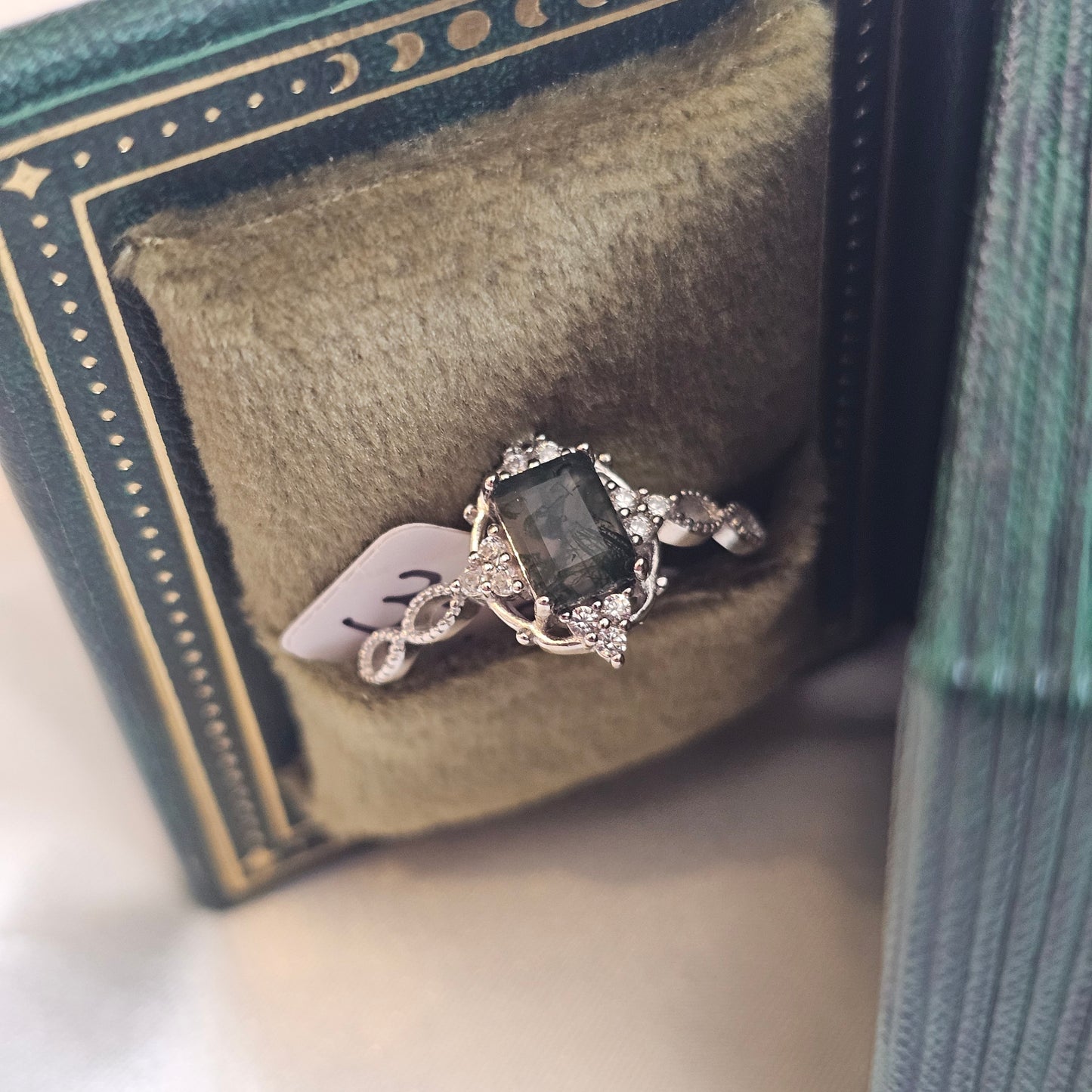 Enchanted Forest Moss Agate Ring – Natural Moss Agate in 925 Sterling Silver with Cubic Zirconia
