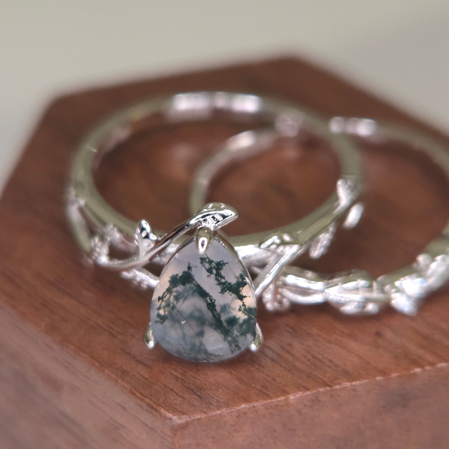 Moss Agate Promise Ring Set - Natural Moss agate Stone with Cubic Zirconia set in 925 silver