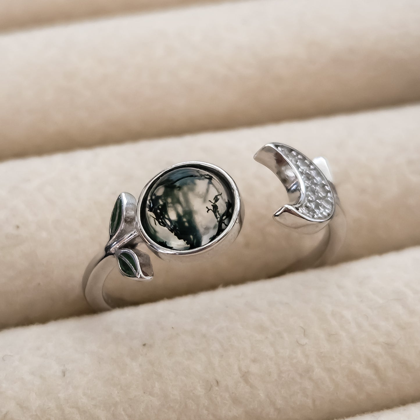 Little Forest Moon Adjustable Ring | Moss Agate 925 Sterling Silver Moonstone&Sage