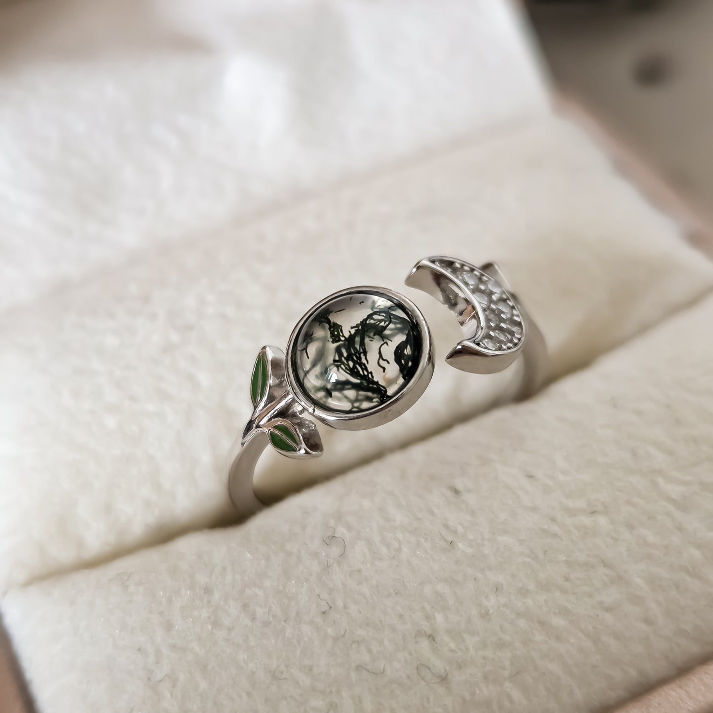 Little Forest Moon Adjustable Ring | Moss Agate 925 Sterling Silver Moonstone&Sage