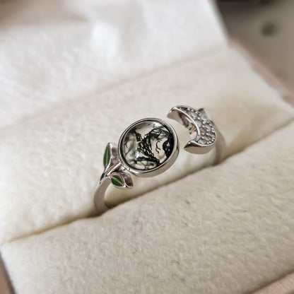Little Forest Moon Adjustable Ring | Moss Agate 925 Sterling Silver Moonstone&Sage