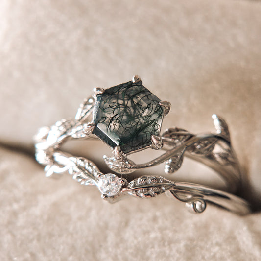 Moss Agate Bridal Set |  Engagement & Wedding Ring Set | 925 Sterling Silver Moonstone&Sage