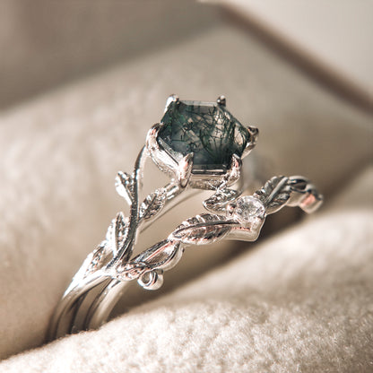 Moss Agate Bridal Set |  Engagement & Wedding Ring Set | 925 Sterling Silver Moonstone&Sage