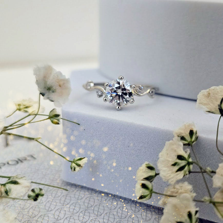 Ever After – 1ct Moissanite Sterling Silver Engagement Ring with Twisting Vine Band and CZ Accents