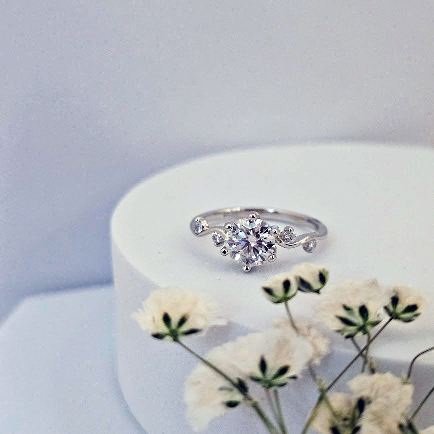 Ever After – 1ct Moissanite Sterling Silver Engagement Ring with Twisting Vine Band and CZ Accents