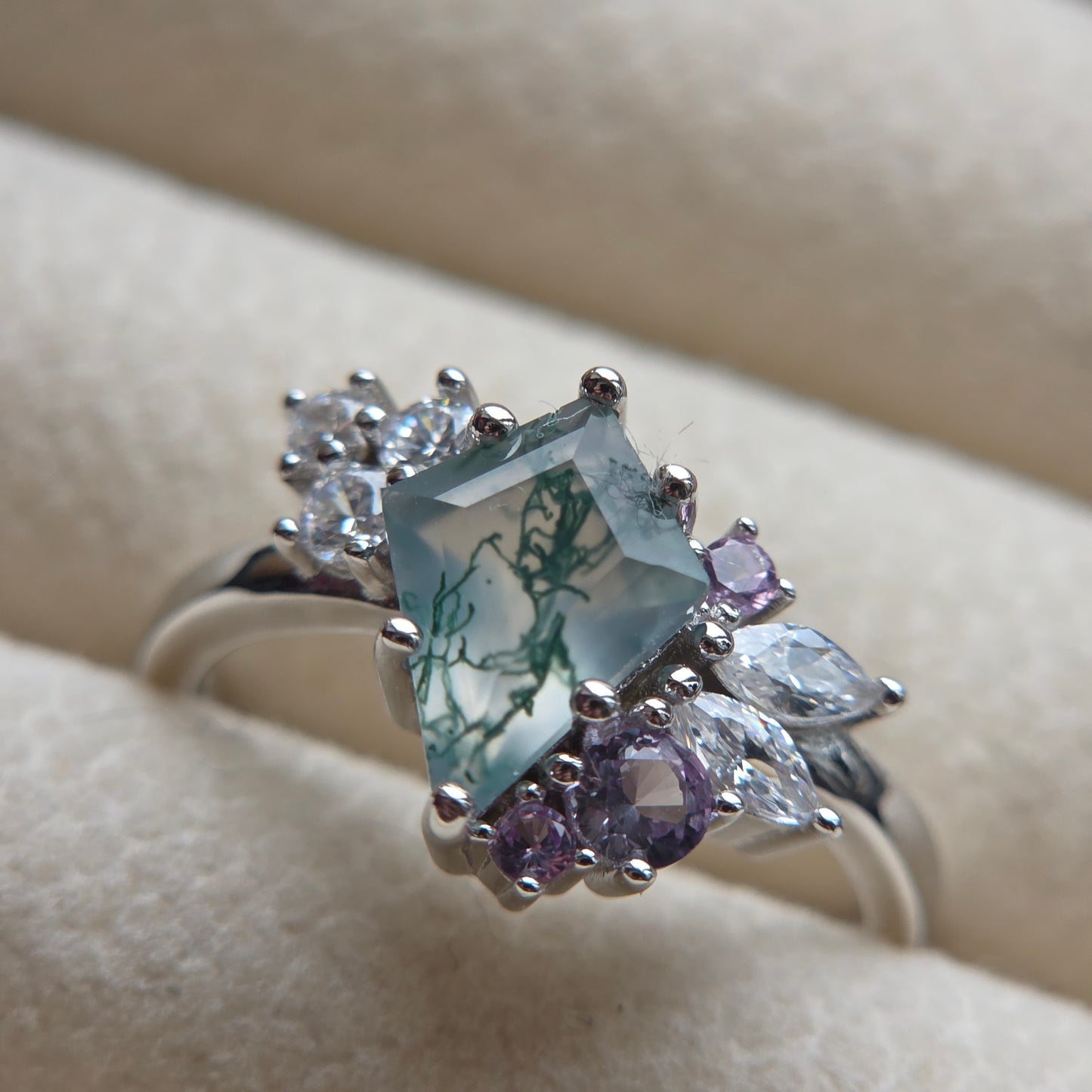 Aurora Forest Moss Agate Alternative Engagement Ring Moonstone&Sage