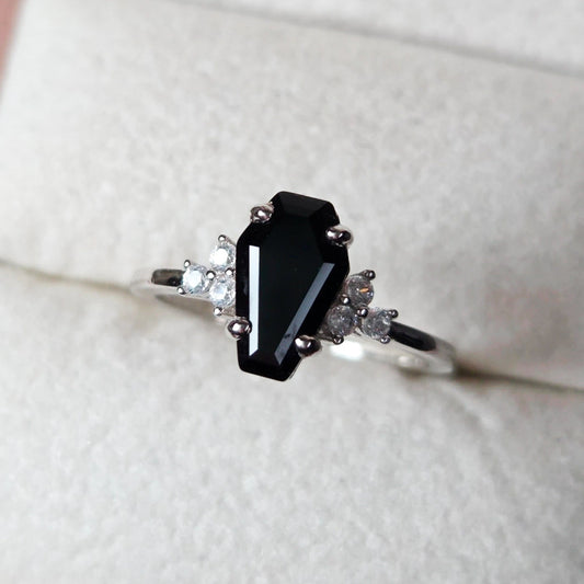 Onyx Eclipse Ring – Coffin Cut Black Onyx 925 Sterling Silver Ring Moonstone&Sage