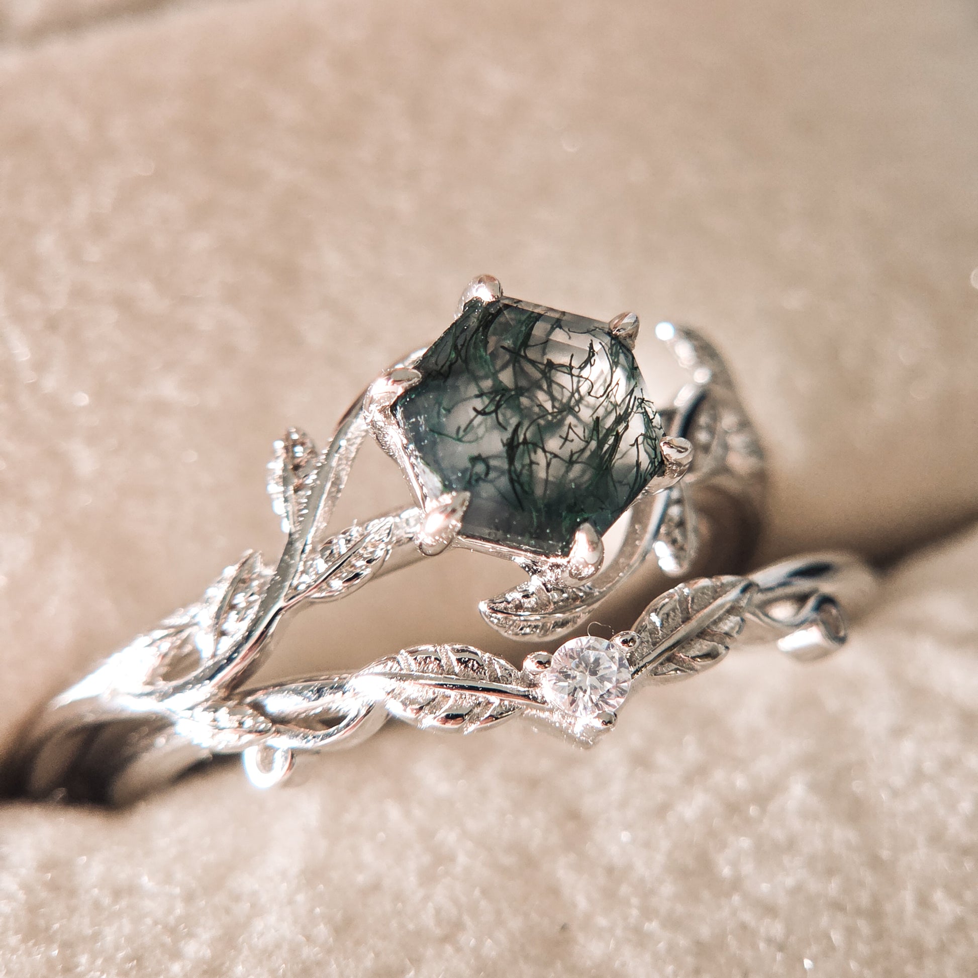 Moss Agate Bridal Set |  Engagement & Wedding Ring Set | 925 Sterling Silver Moonstone&Sage