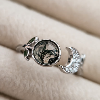 Little Forest Moon Adjustable Ring | Moss Agate 925 Sterling Silver Moonstone&Sage