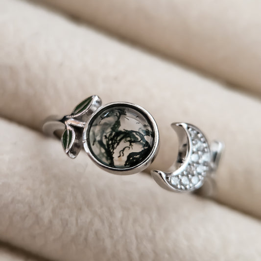 Little Forest Moon Adjustable Ring | Moss Agate 925 Sterling Silver Moonstone&Sage
