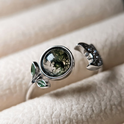 Little Forest Moon Adjustable Ring | Moss Agate 925 Sterling Silver Moonstone&Sage