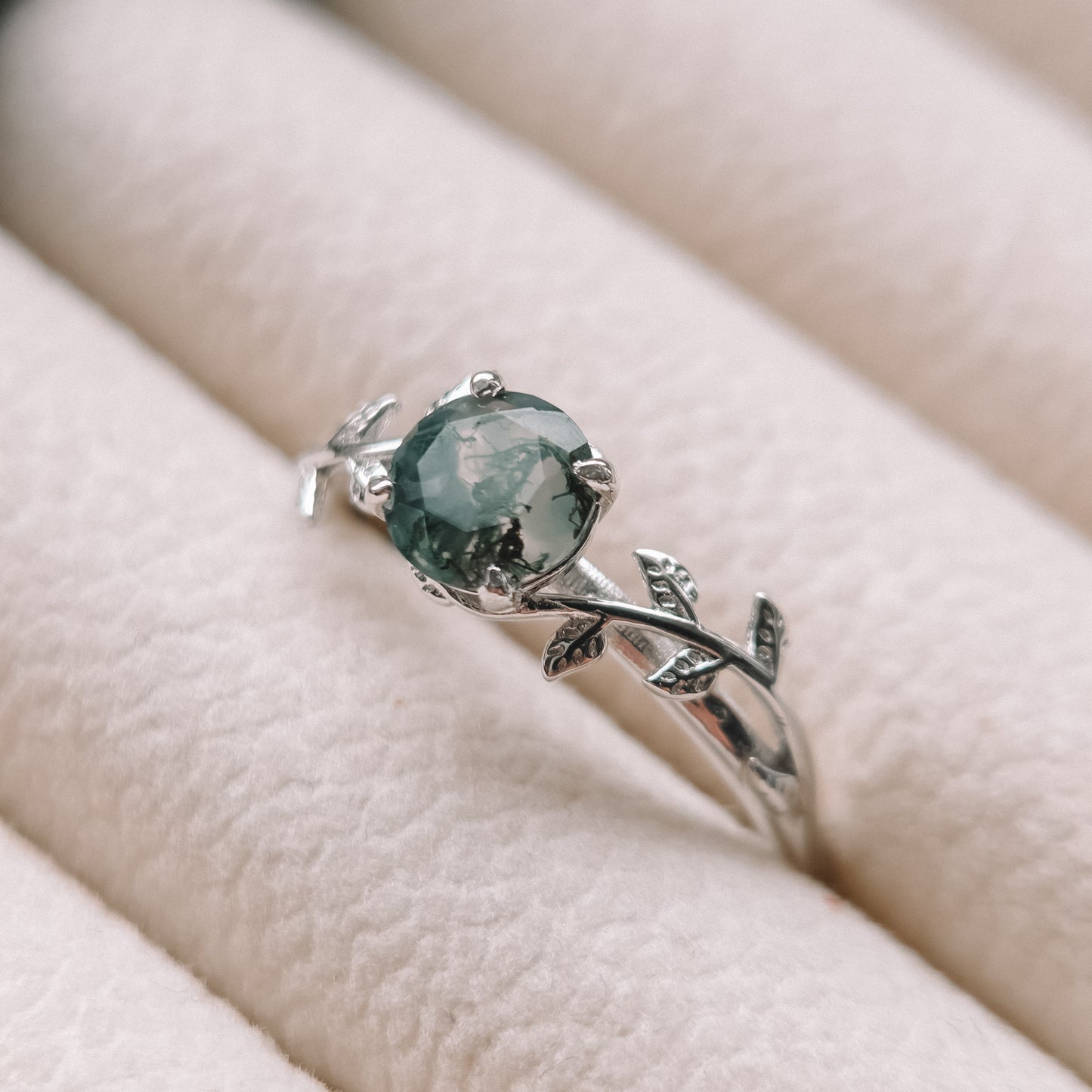 Moss Agate Leaf Ring | Forest Inspired | 925 Sterling Silver Moonstone&Sage