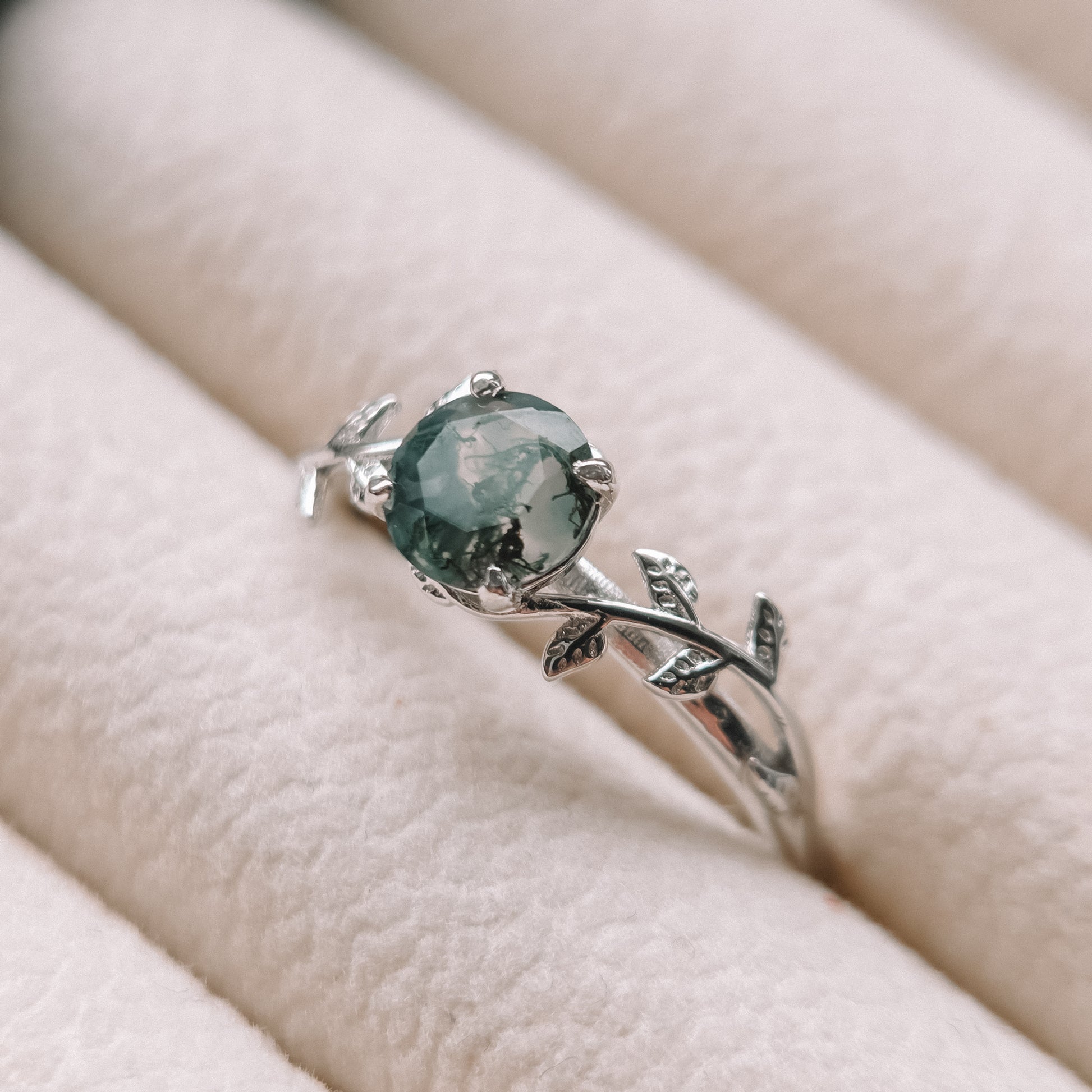 Moss Agate Leaf Ring | Forest Inspired | 925 Sterling Silver Moonstone&Sage