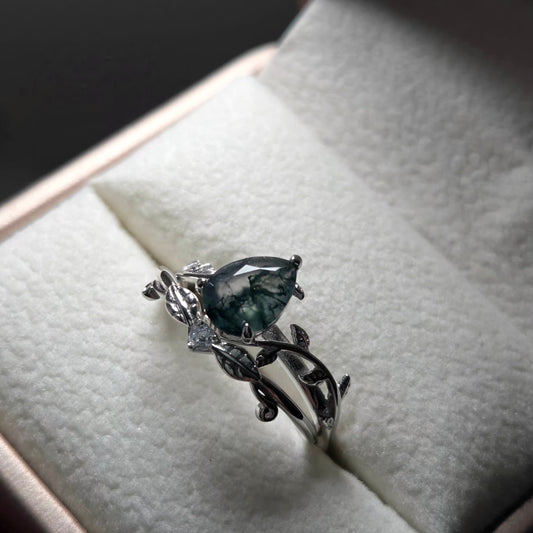 Moss Agate Promise Ring Set | Natural Moss agate Stone |Cubic Zirconia | 925 silver Moonstone&Sage