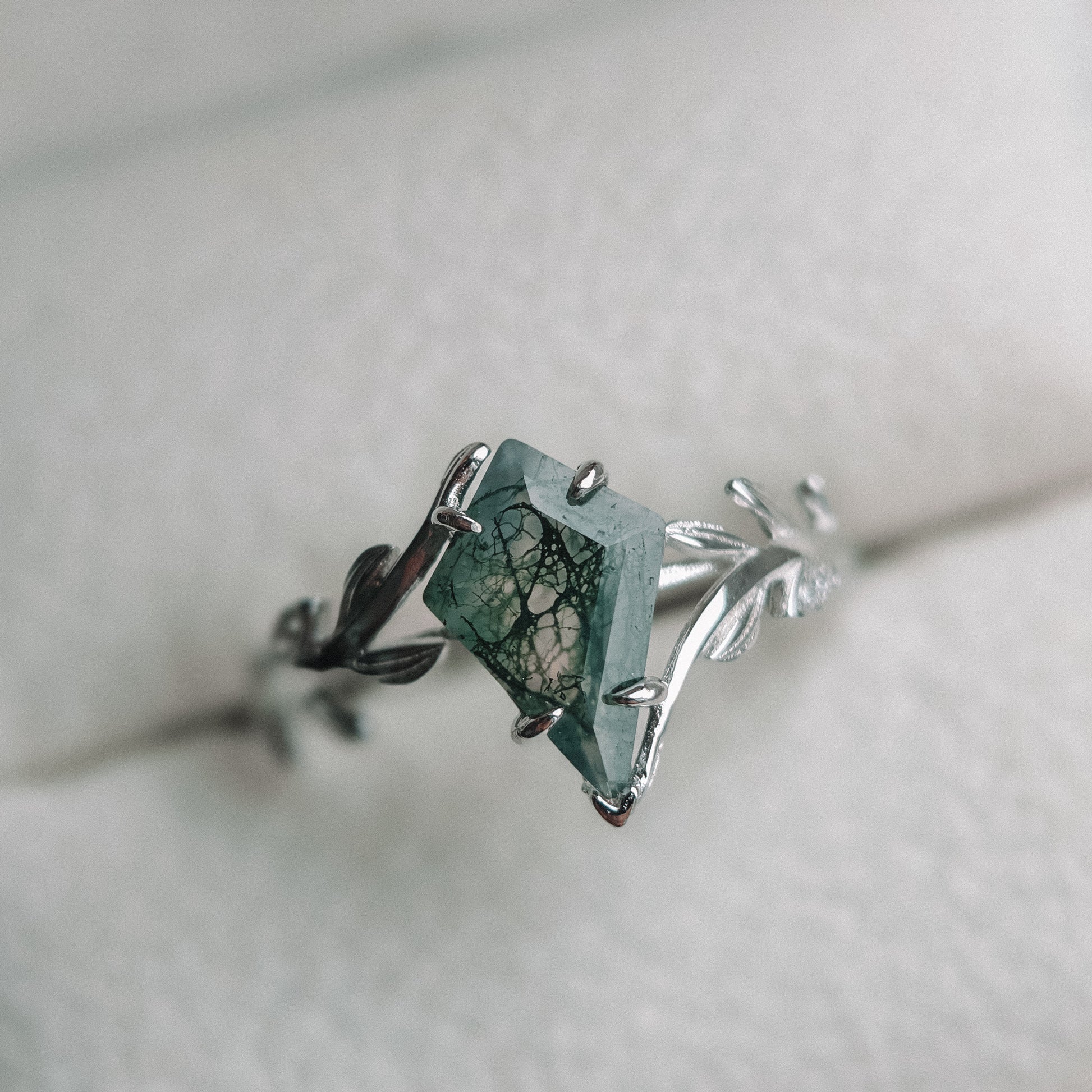 Moss Agate Olive Grove Leaf Ring | Platinum Plated | 925 Sterling Silver Moonstone&Sage