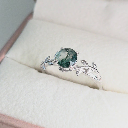 Moss Agate Leaf Ring | Forest Inspired | 925 Sterling Silver