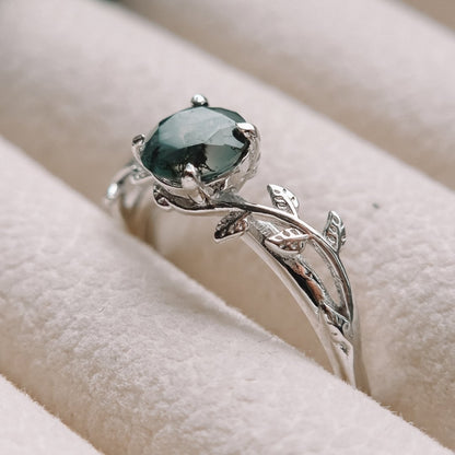 Moss Agate Leaf Ring | Forest Inspired | 925 Sterling Silver Moonstone&Sage