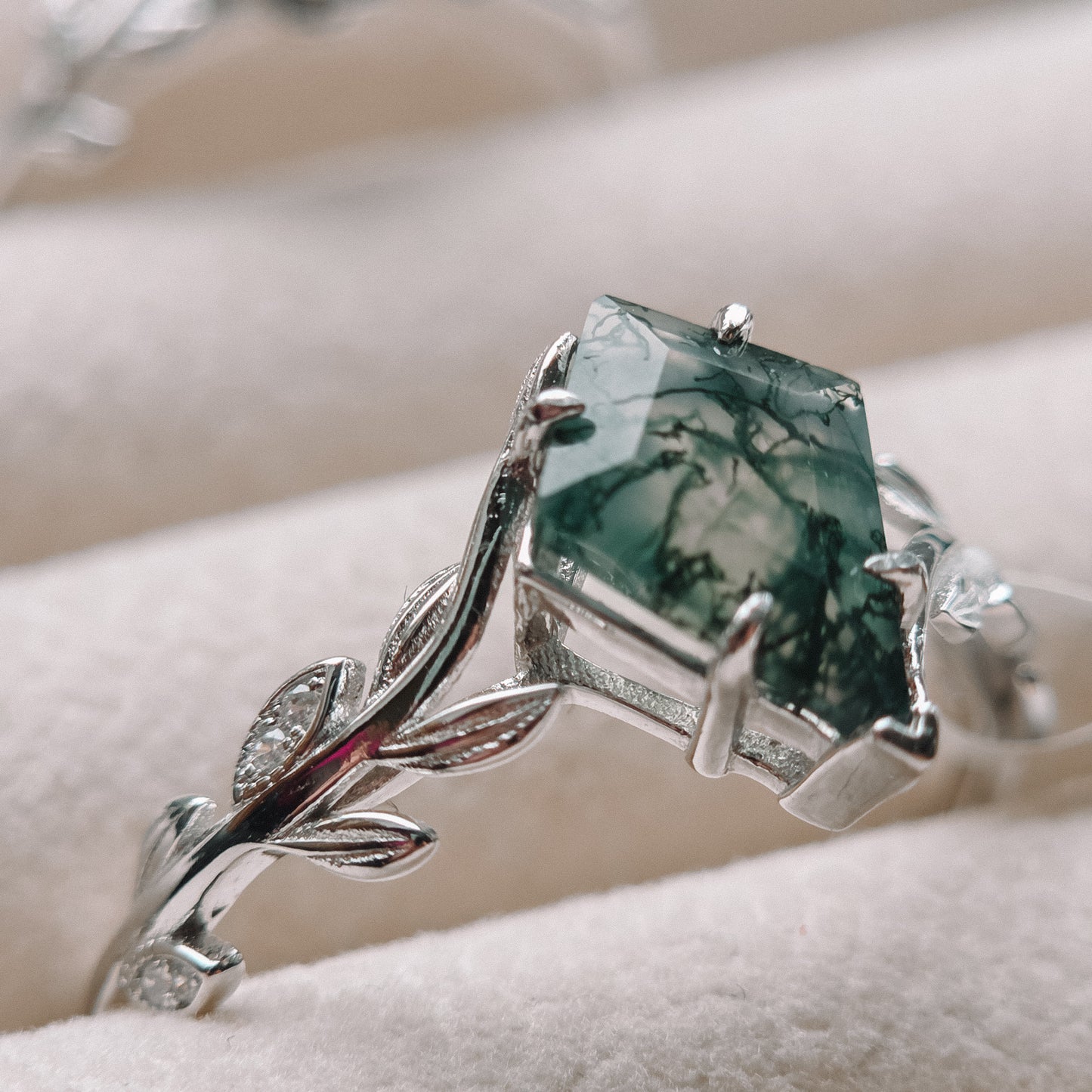 Moss Agate Olive Grove Leaf Ring | Platinum Plated | 925 Sterling Silver Moonstone&Sage